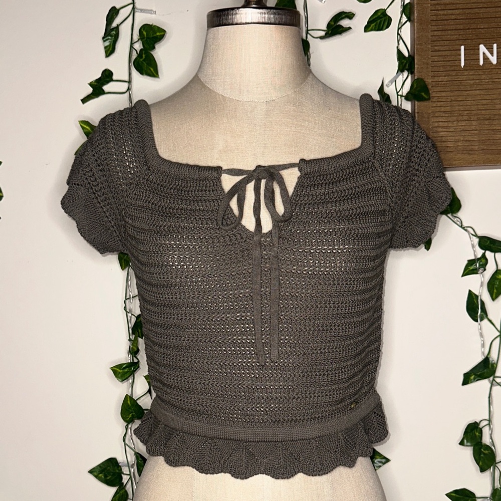 GUESS Green Gray Crochet Style Top